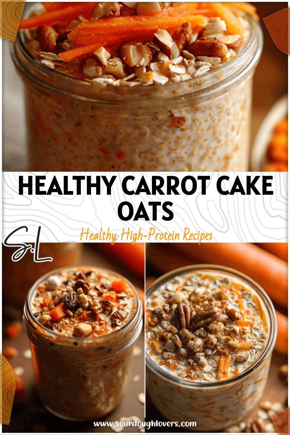 Jar of Carrot Cake Overnight Oats topped with nuts and carrots made from rolled oats and healthy add-ins